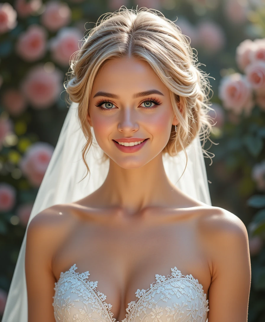 Smiling blonde bride in lace dress in rose garden
