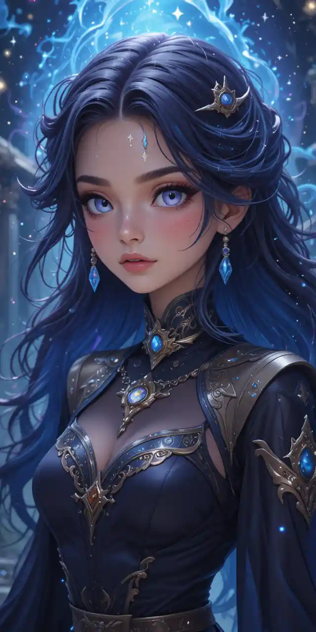 Anime sorceress with multicolored eyes and glowing magical aura