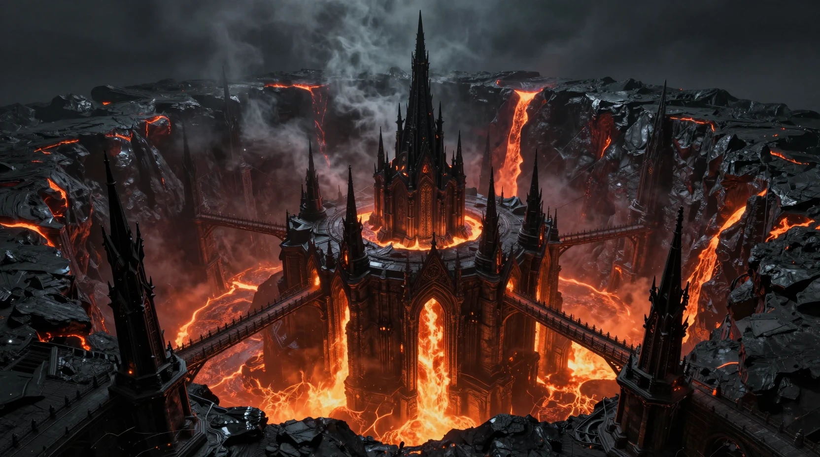 Gothic fortress city carved into a vast volcanic crater