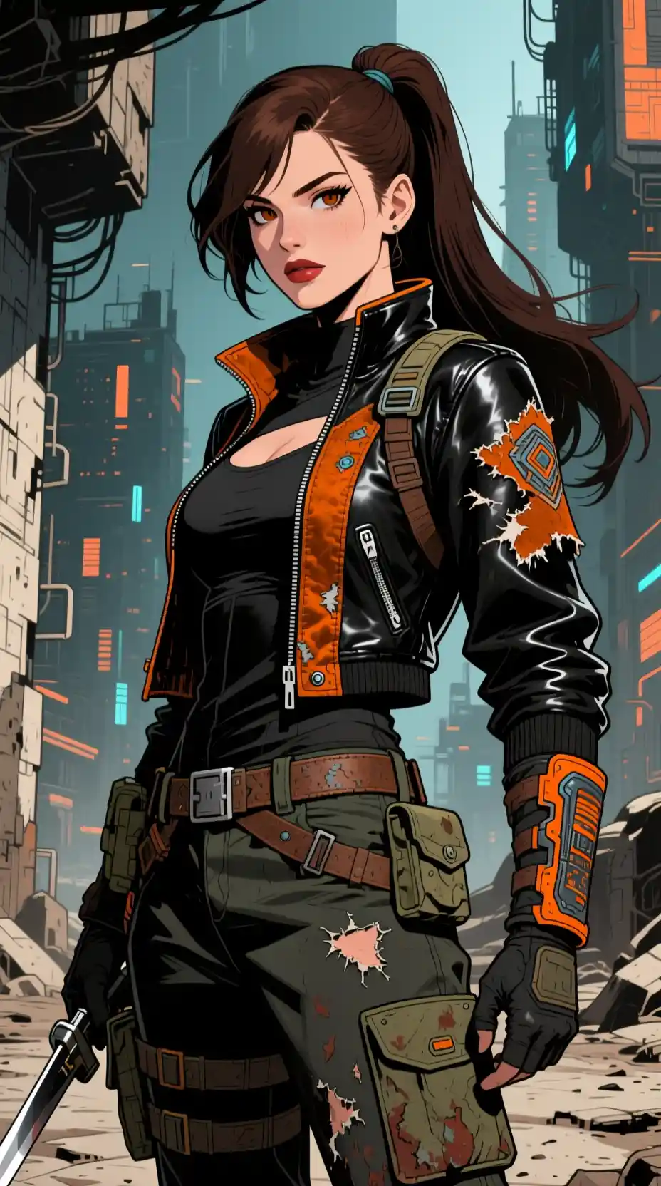 Young space warrior woman in a gritty futuristic city