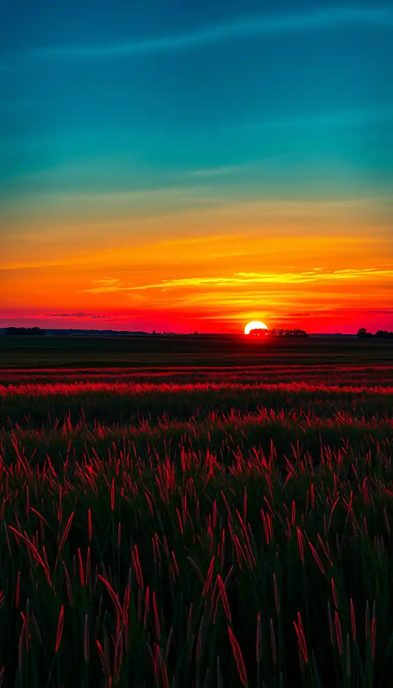 Vibrant sunset over misty grassland with distant trees