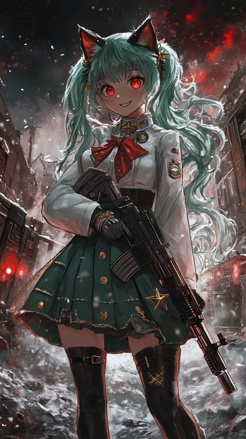 Anime girl with rifle in a ruined war zone