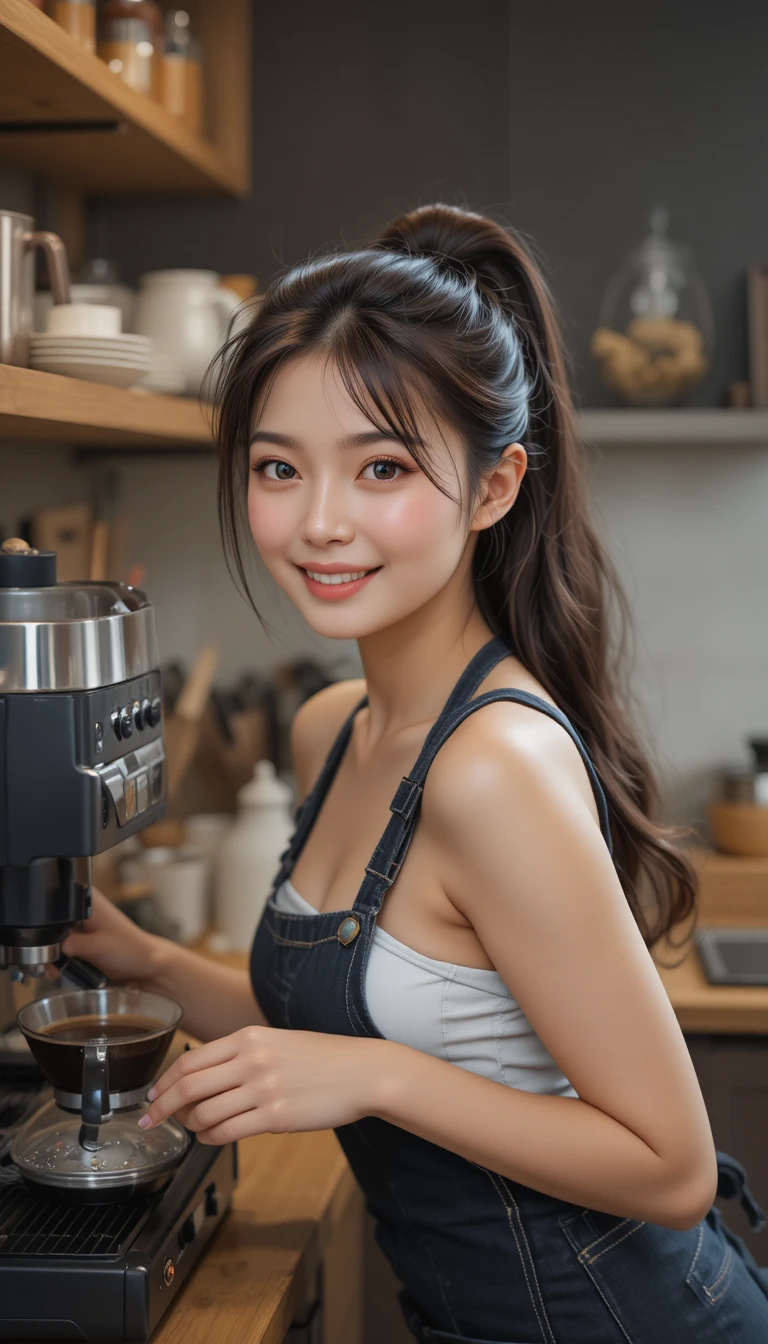 Shy Asian woman brewing coffee in a modern kitchen