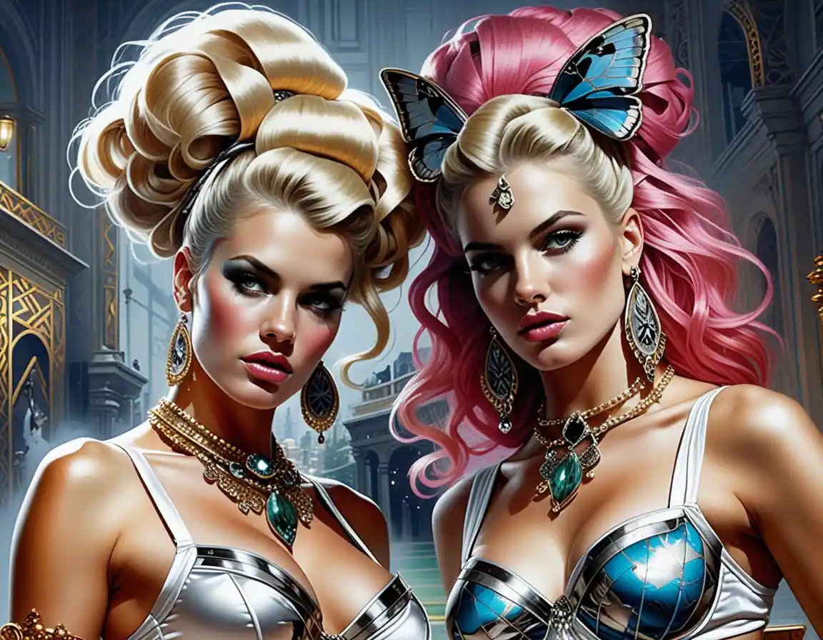 Glamouröse Fantasy-Frauen in Juwelenkleidern im tropischen Garten