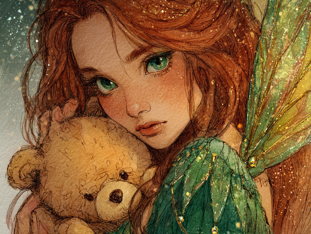Weeping fairy cradling a worn teddy bear at dusk
