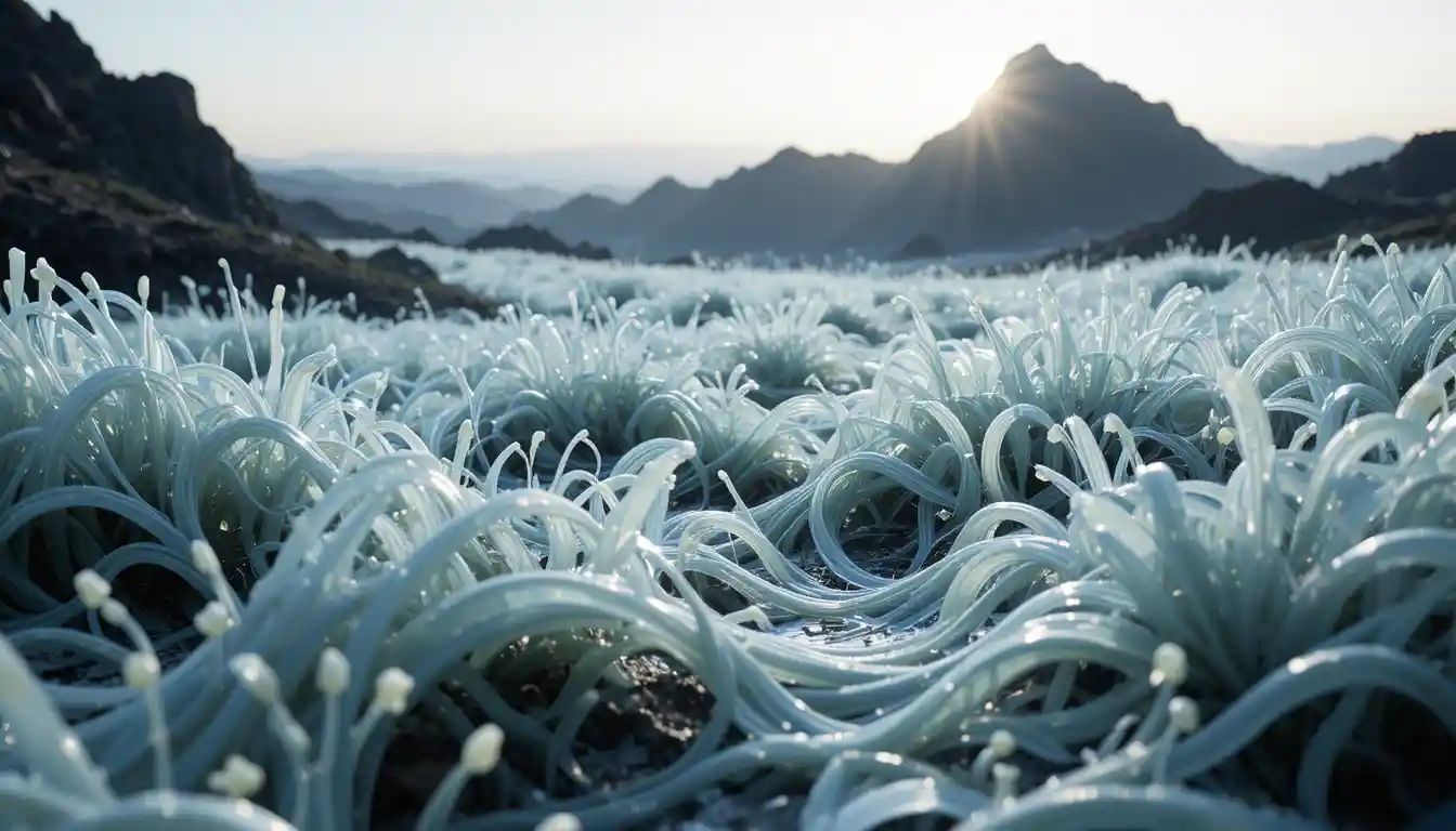 Alien latex grassland glowing with soft bioluminescent light