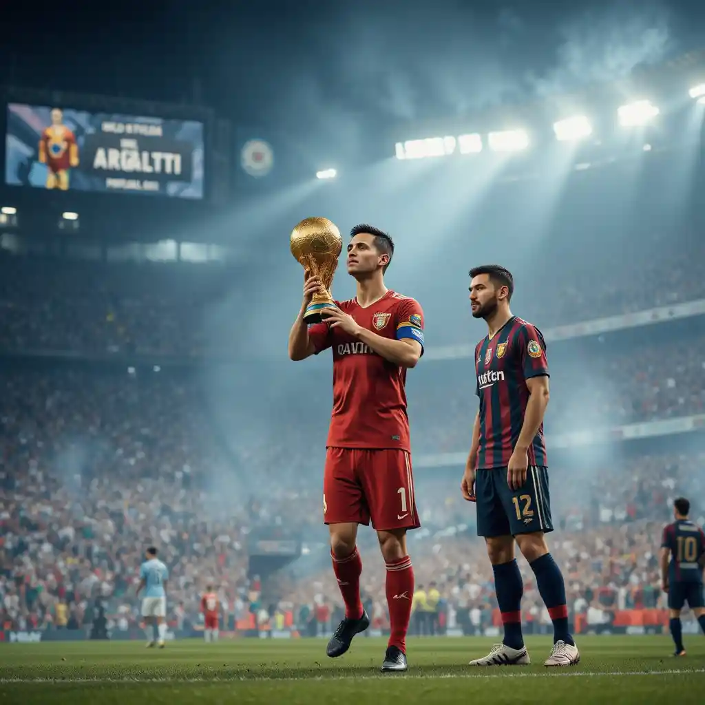 Soccer players celebrating world cup victory on the pitch