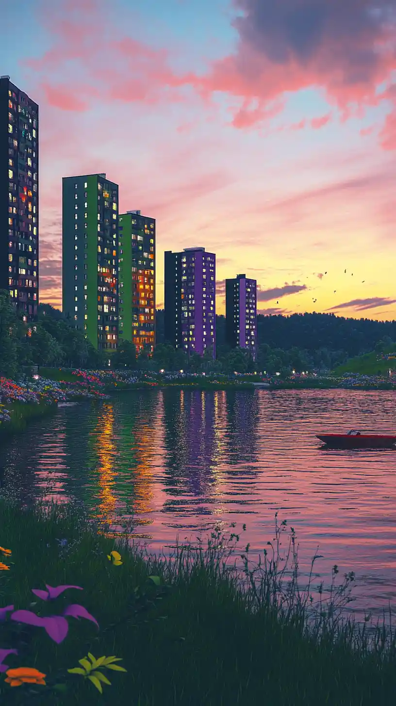 Colorful riverside cityscape at twilight with drifting boat
