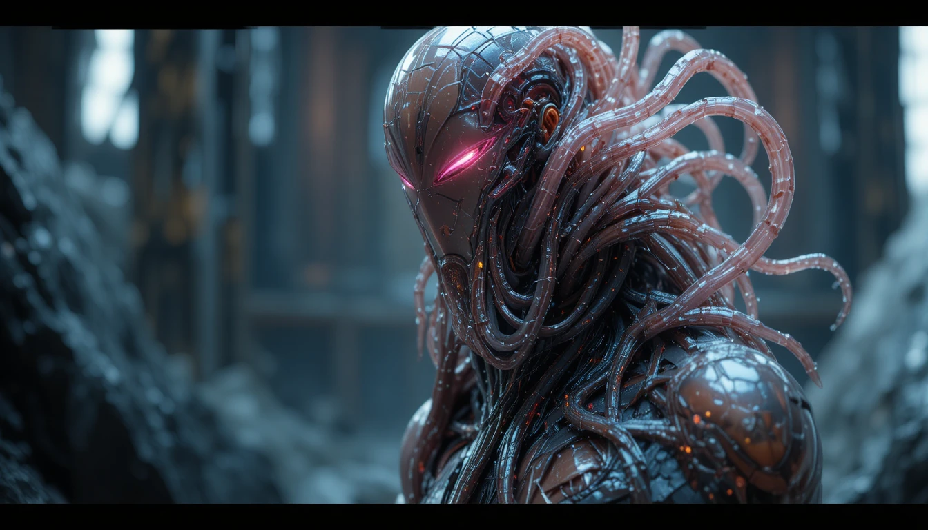 Futuristic woman fused with glowing latex symbiotic armor