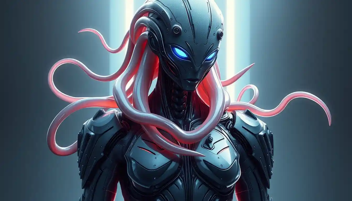 Futuristic humanoid fused with glowing latex symbiote armor