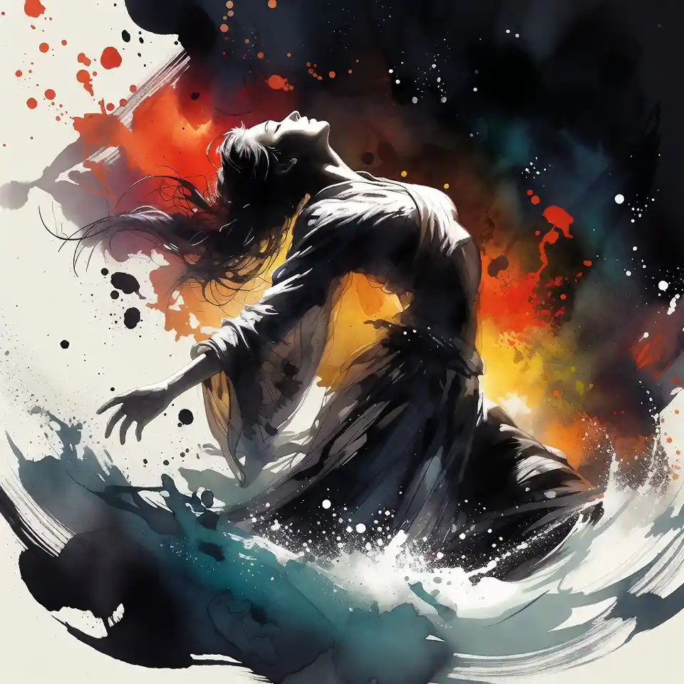 Chinese woman dancing in flowing ink and light