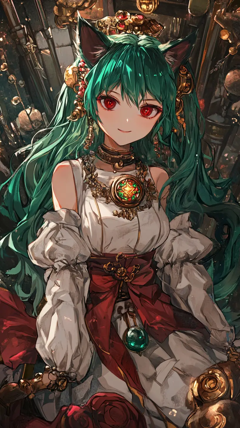 Green haired anime girl in gold and red festive outfit