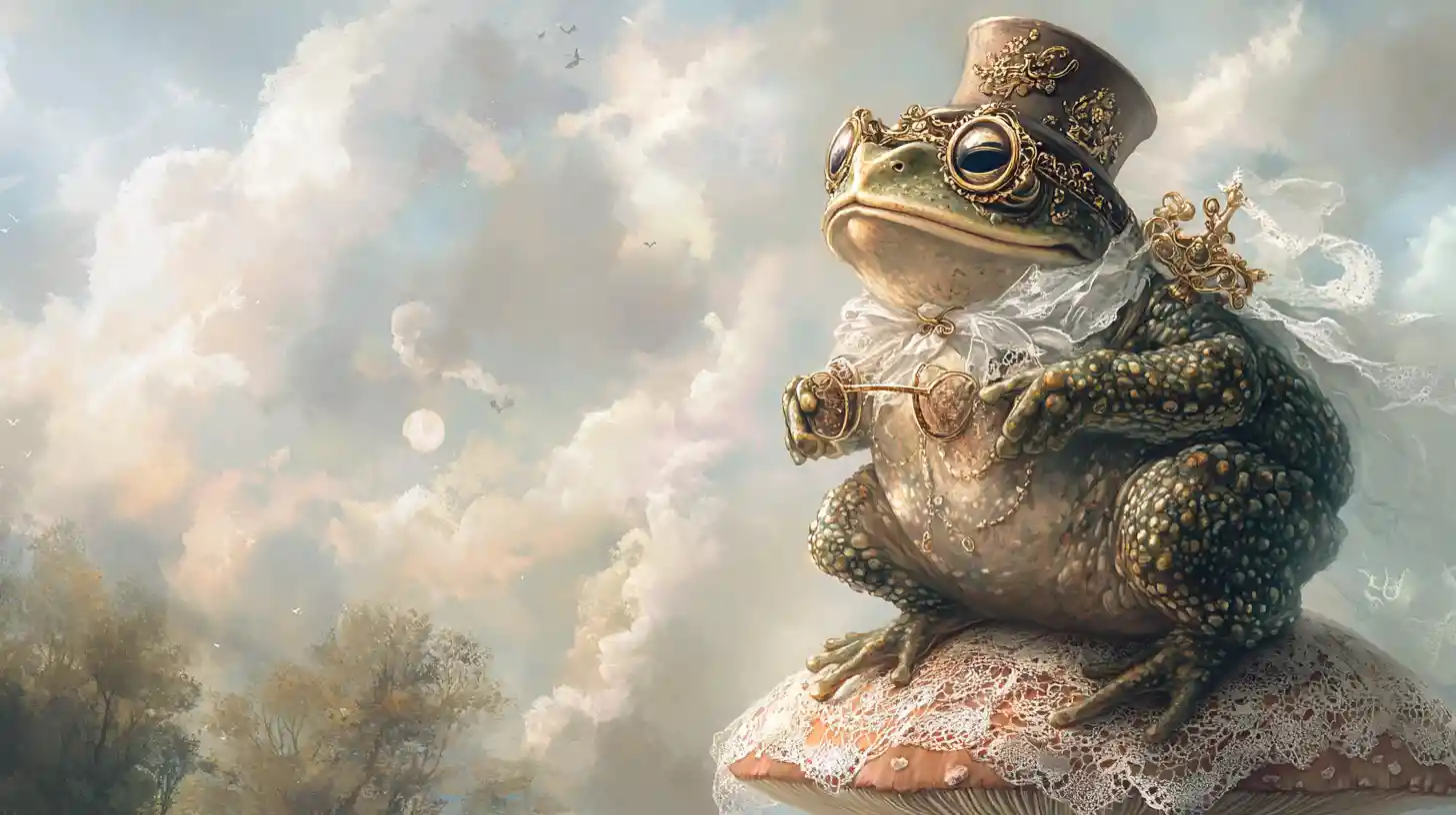 Whimsical steampunk toad on ornate mushroom under moonlight