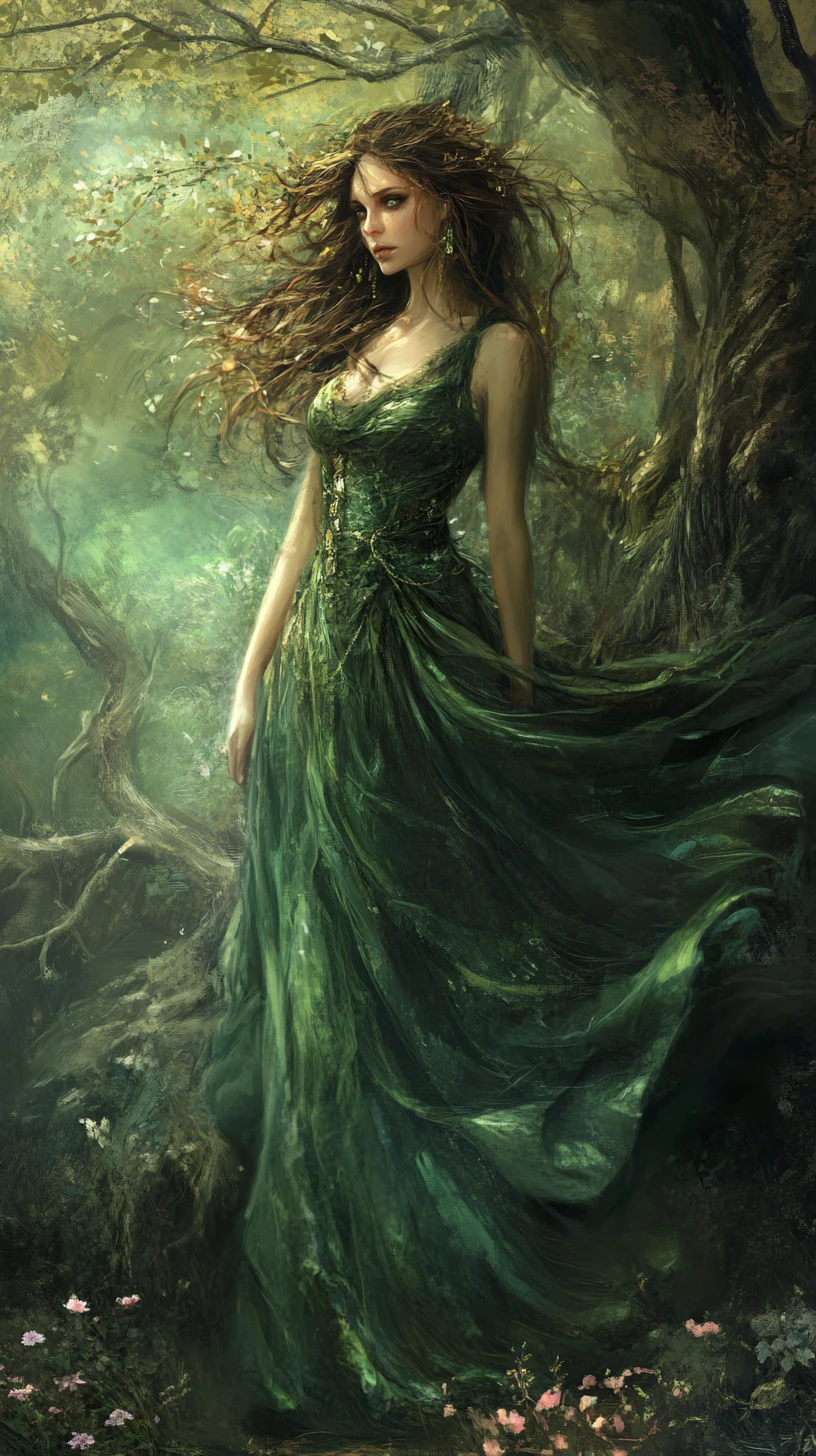 Mysterious Forest Spirit Woman In Emerald Green Gown
