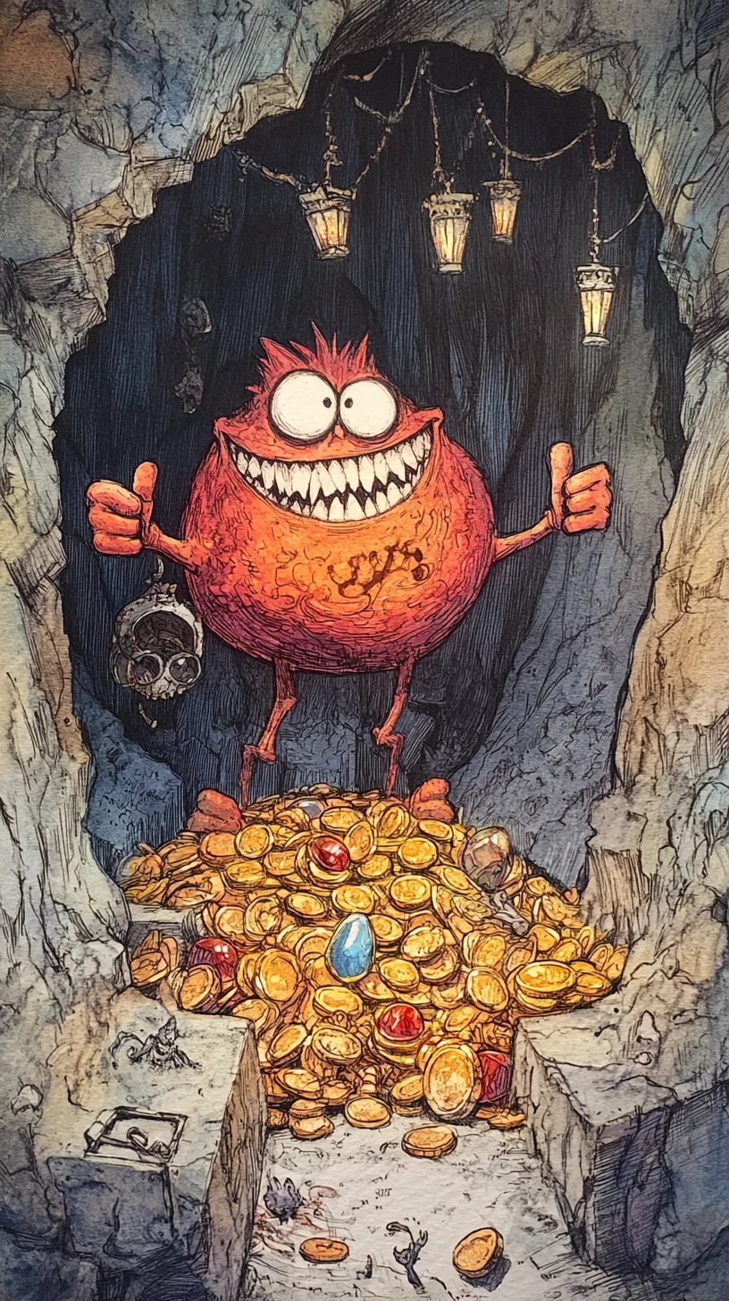 Playful monster standing on glittering treasure in a cave