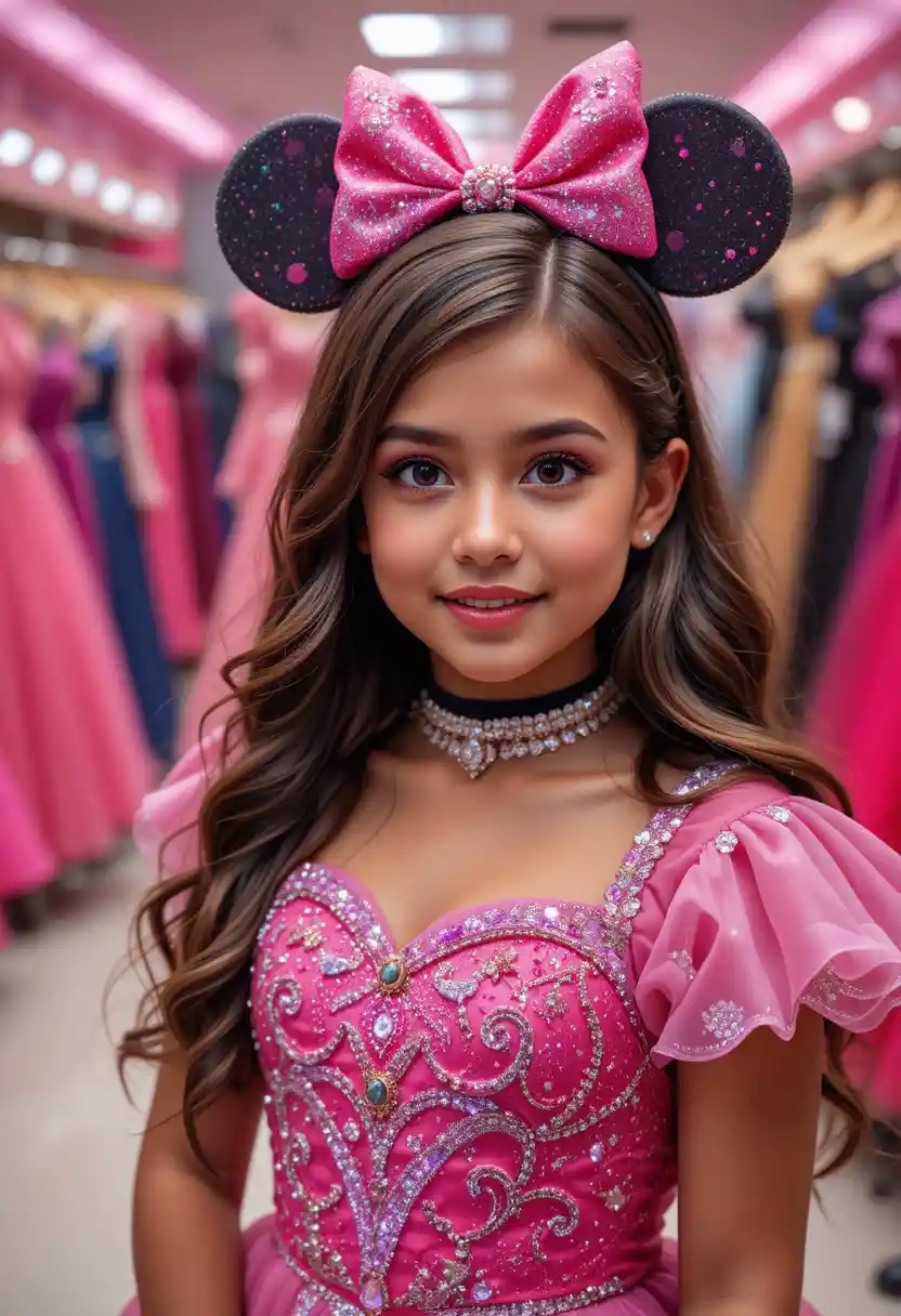 Young princess in pink dress posing inside a boutique