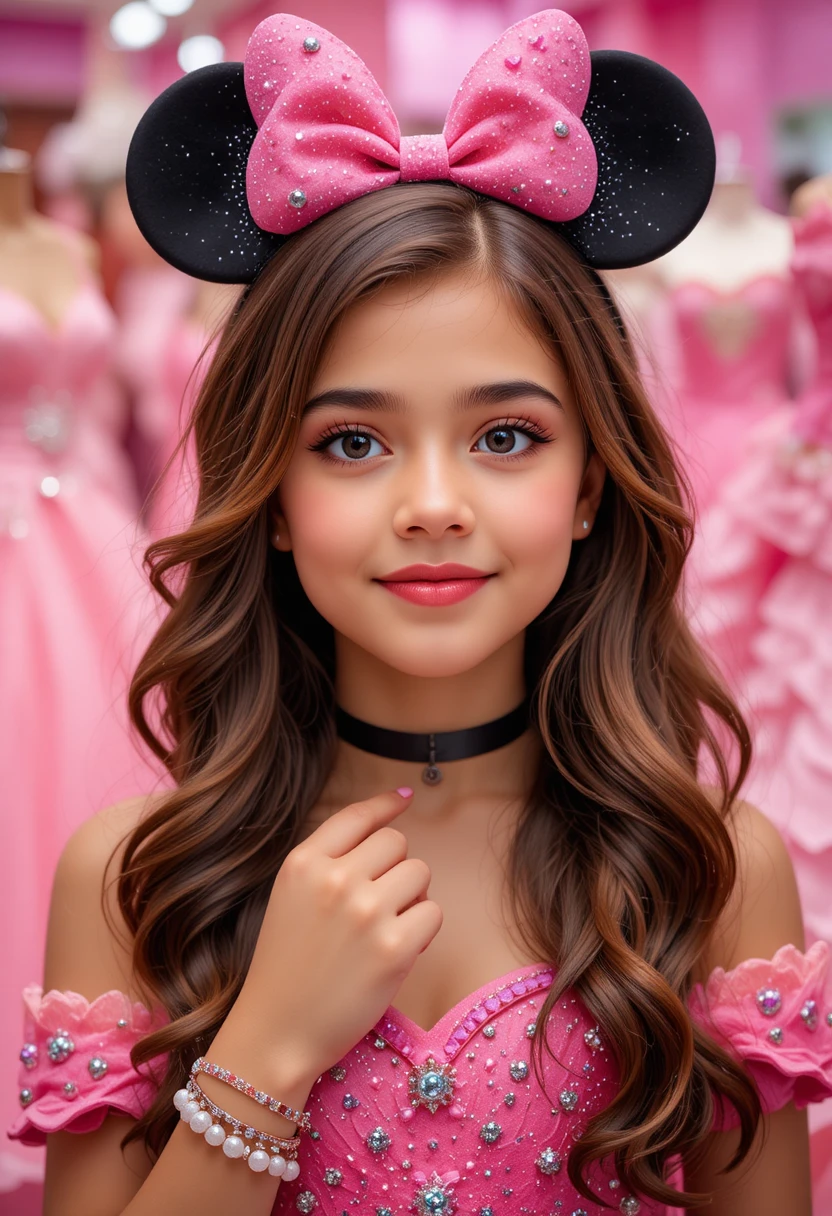 Young princess in pink minnie dress inside boutique shop