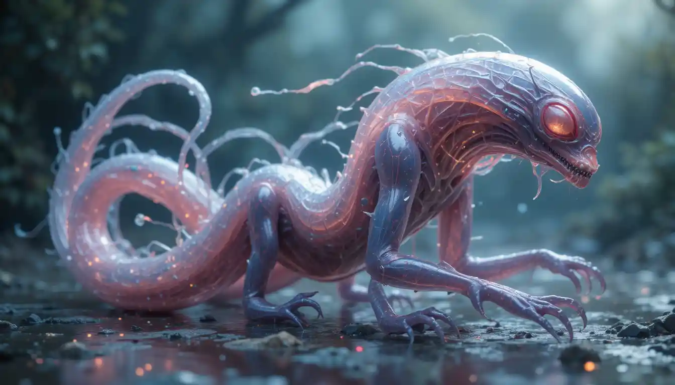 Alien latex symbiote with branching tendrils in sci fi scene