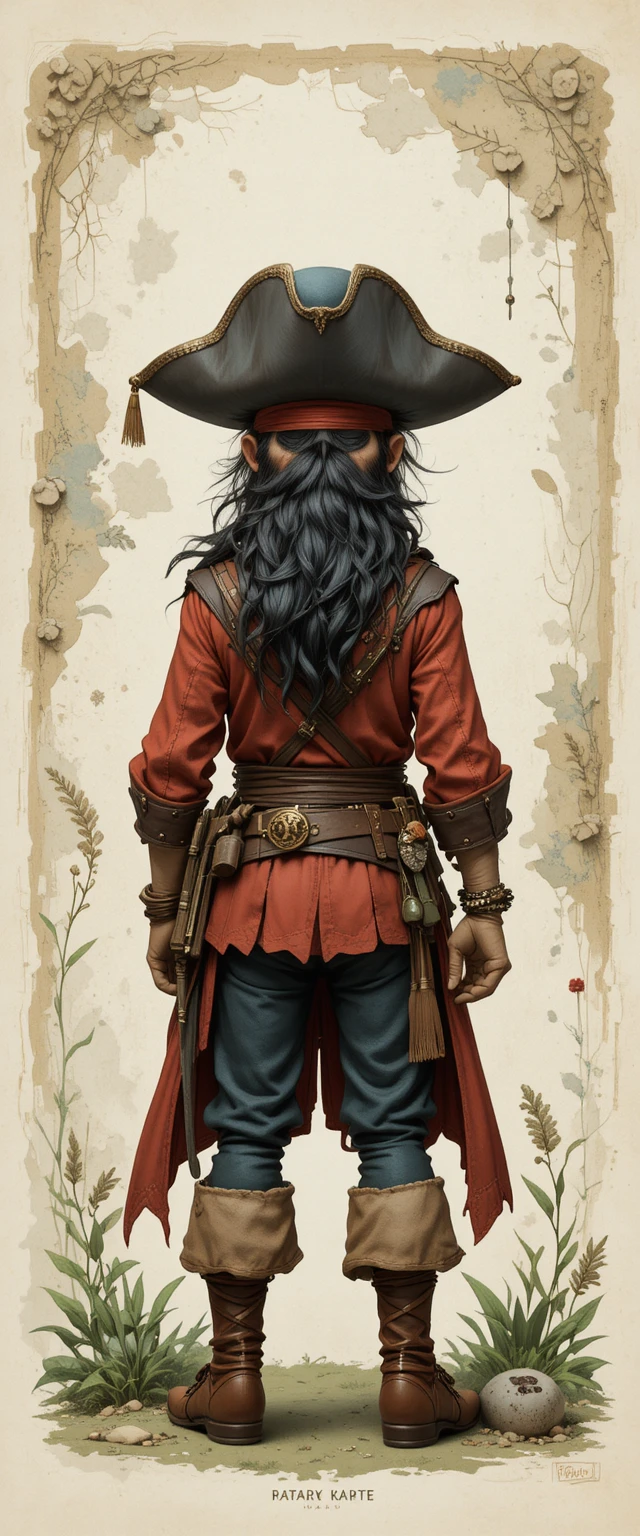 Cozy watercolor illustration of a tiny forest pirate character