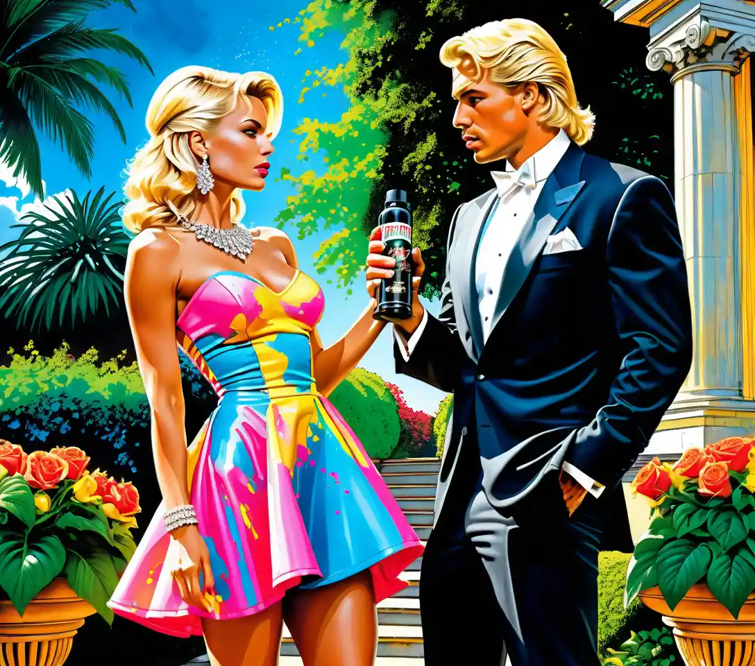 Blonde fashion woman posing in neon garden evening scene