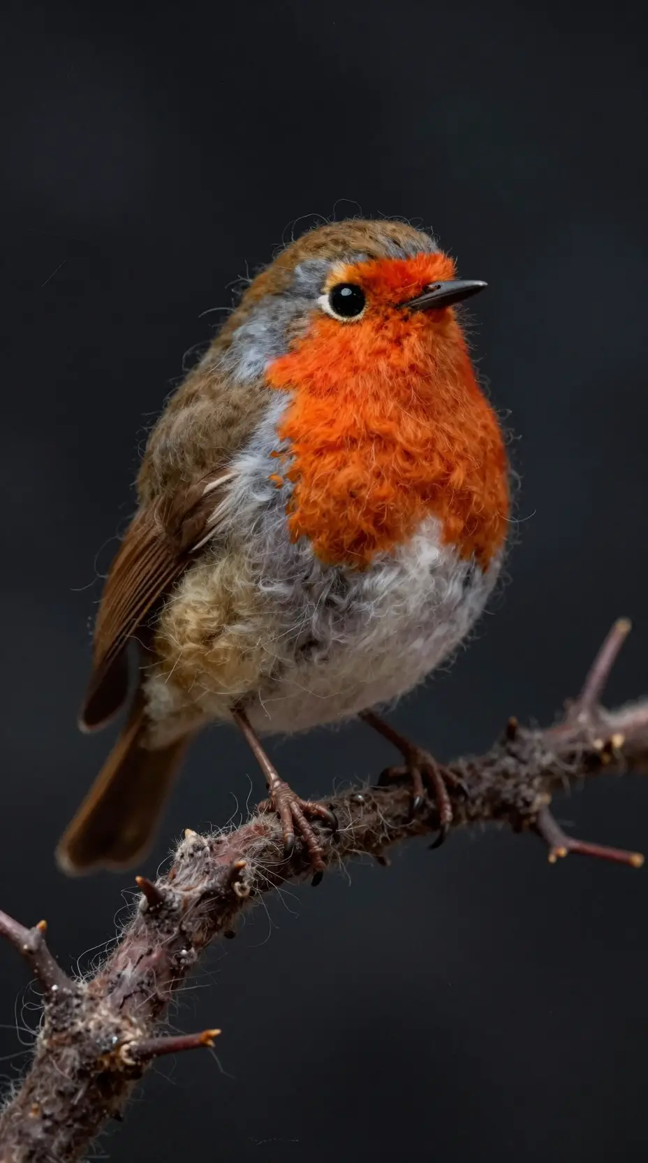 Wool felt robin on thorny branch against dark night background