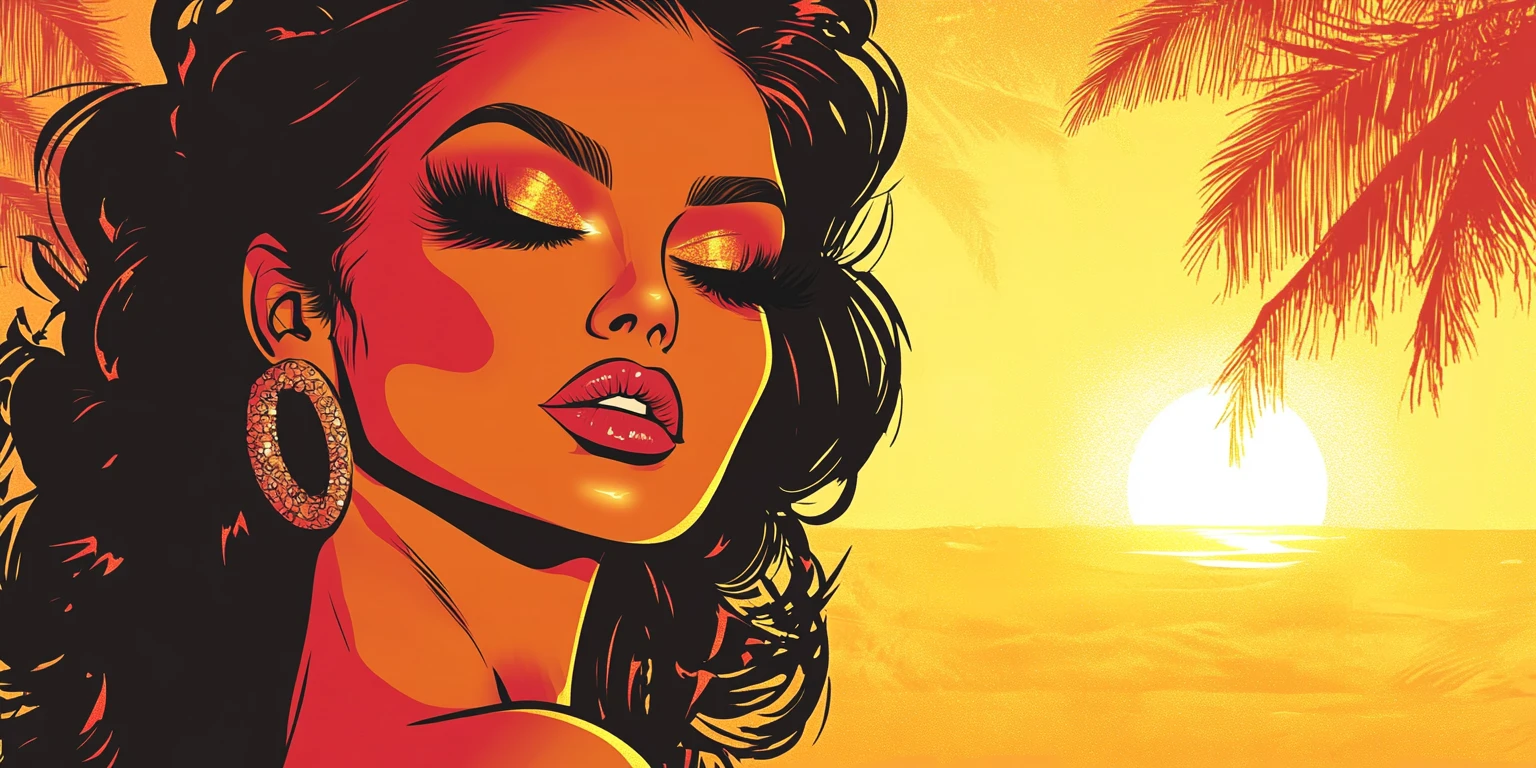 Glamorous hispanic beach diva posing at golden sunset