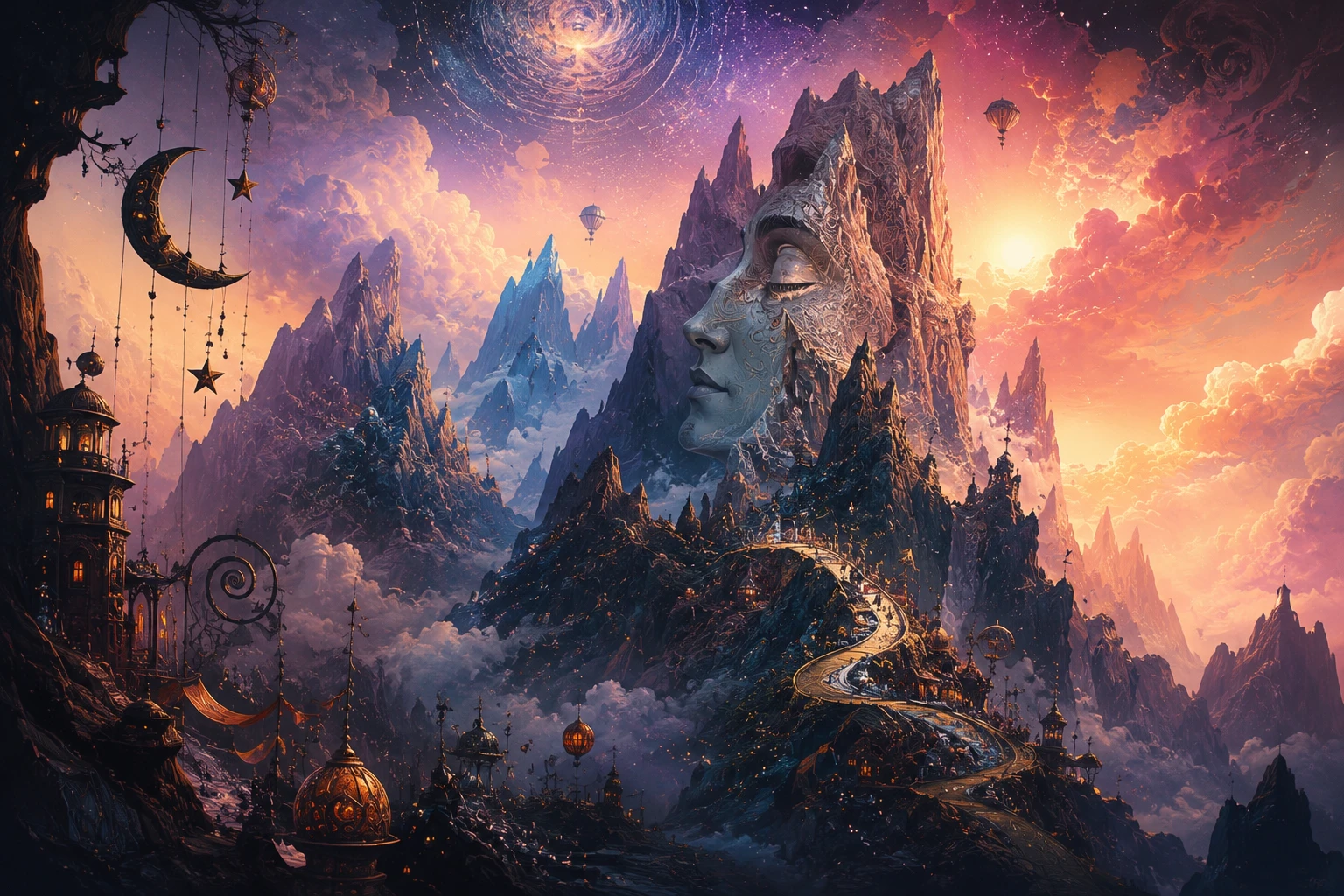 Surreal mountains glowing with stars mist and radiant patterns