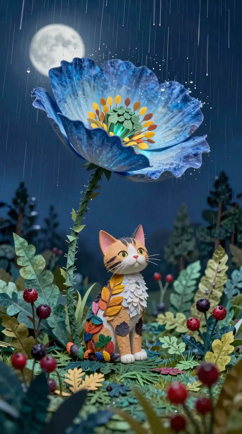 Kätzchen aus Papierblättern unter leuchtender blauer Mohnblume