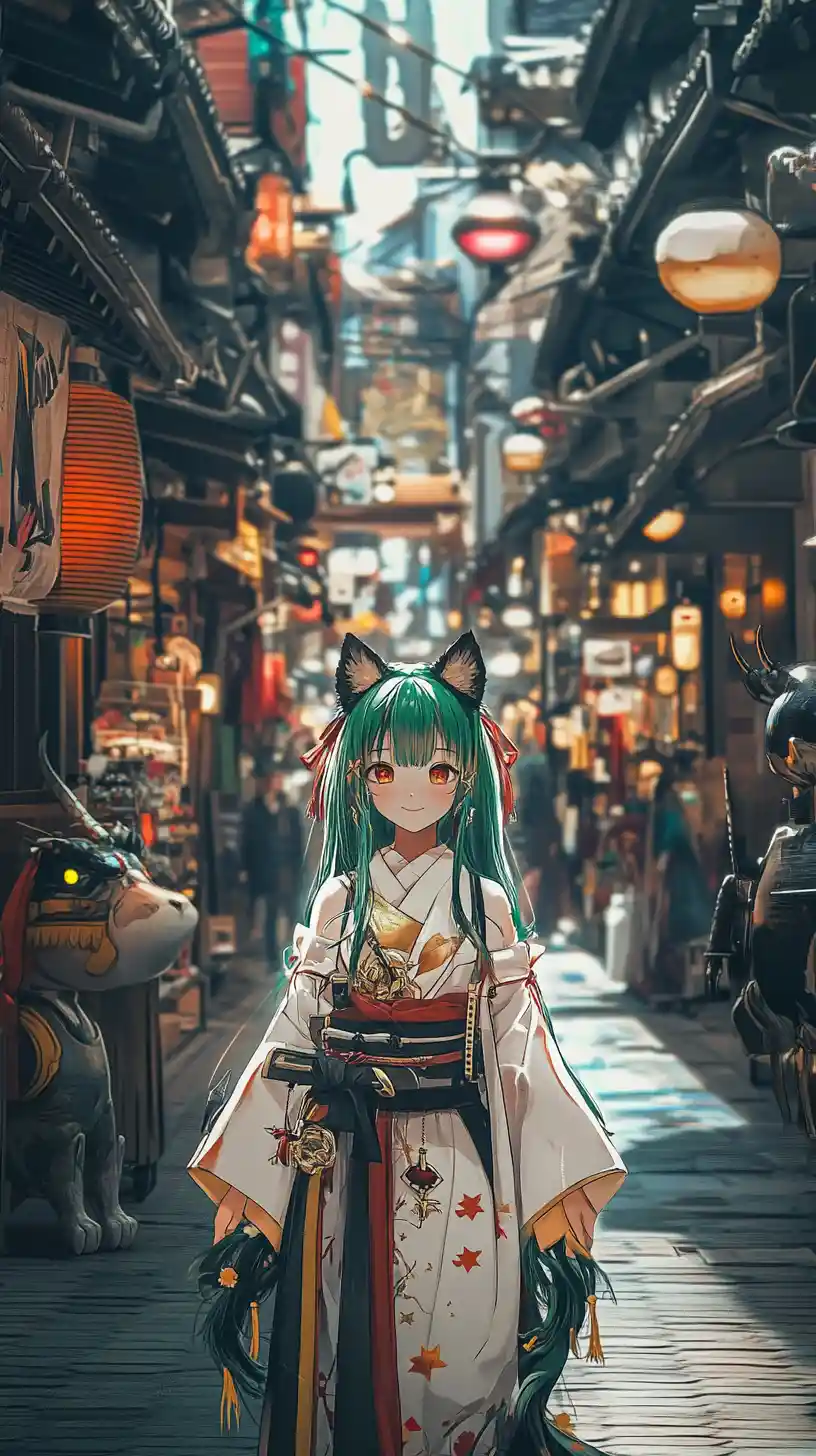 Anime girl with katana facing ghostly puppets in market