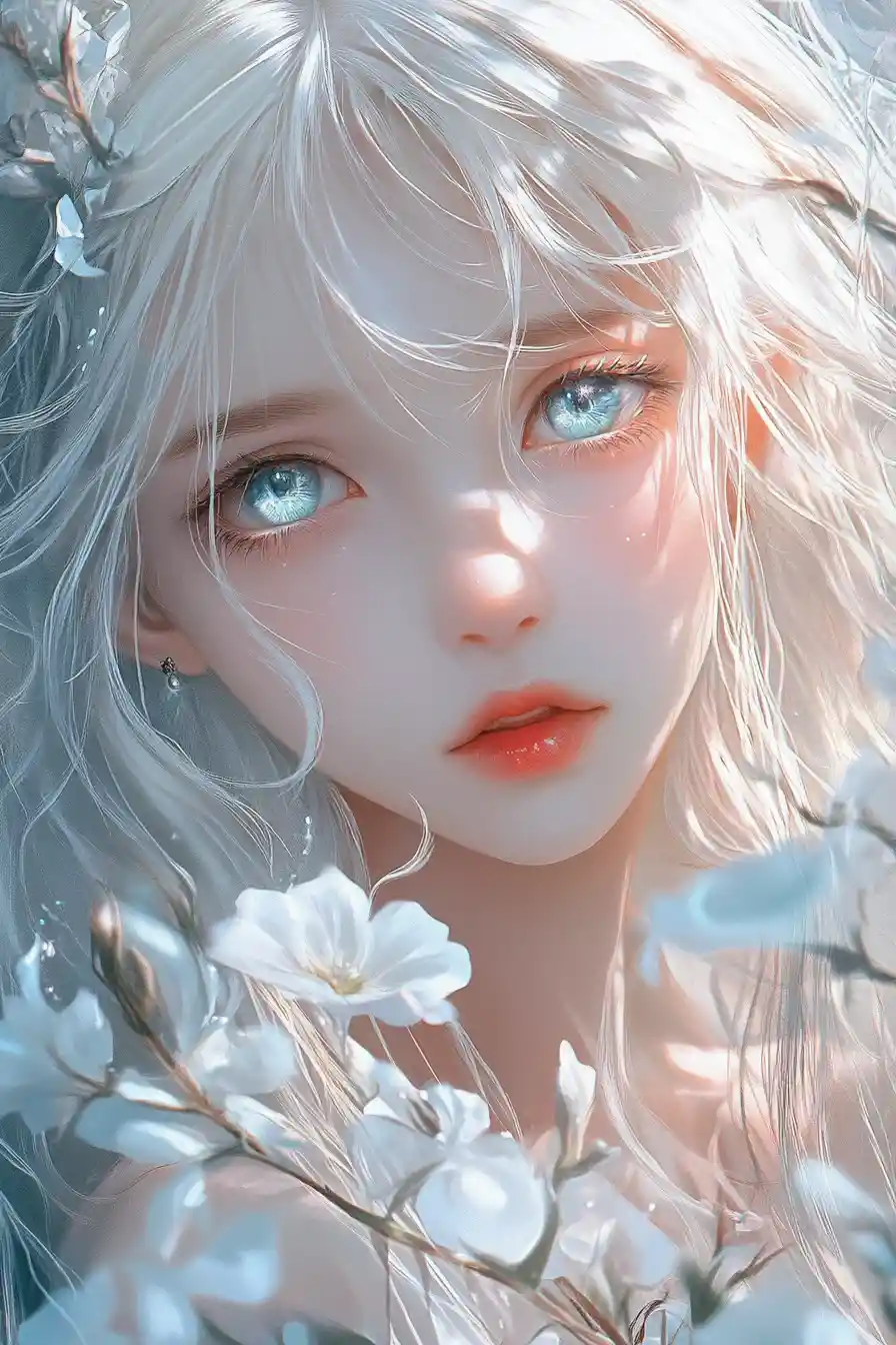 Ethereal white haired woman in a luminous fantasy realm