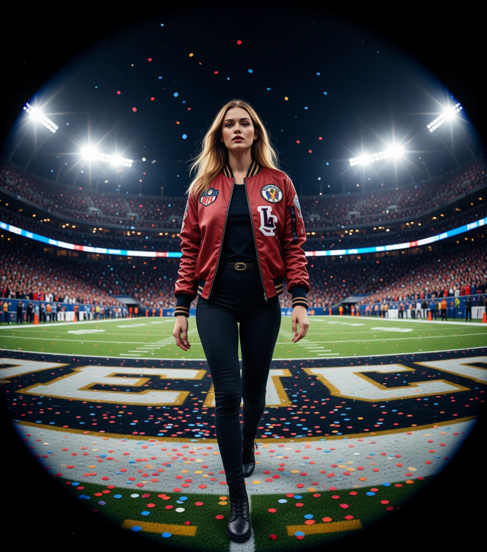 Fashion model walking across stadium center circle