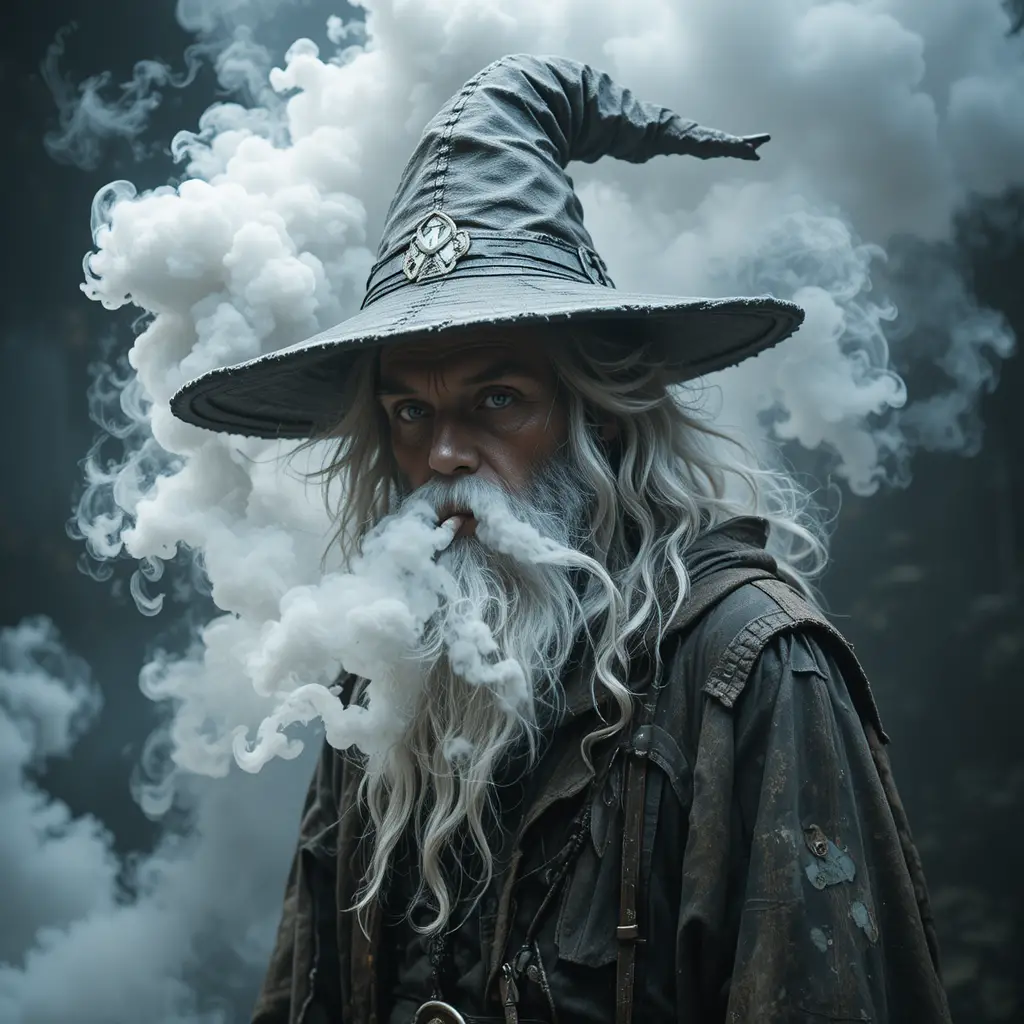 在翻騰煙霧中抽大麻菸的迷幻巫師
