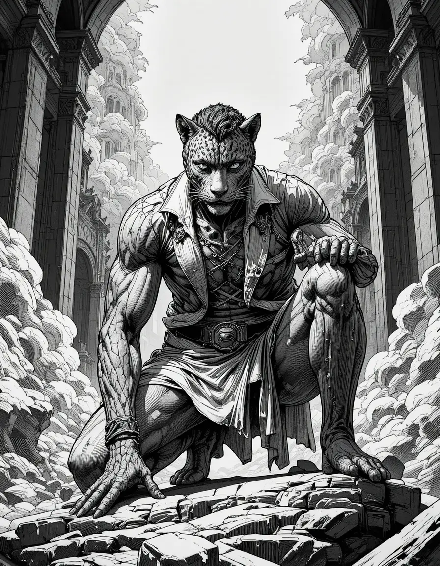 Anthropomorphic male leopard crouched in dramatic close up engraving