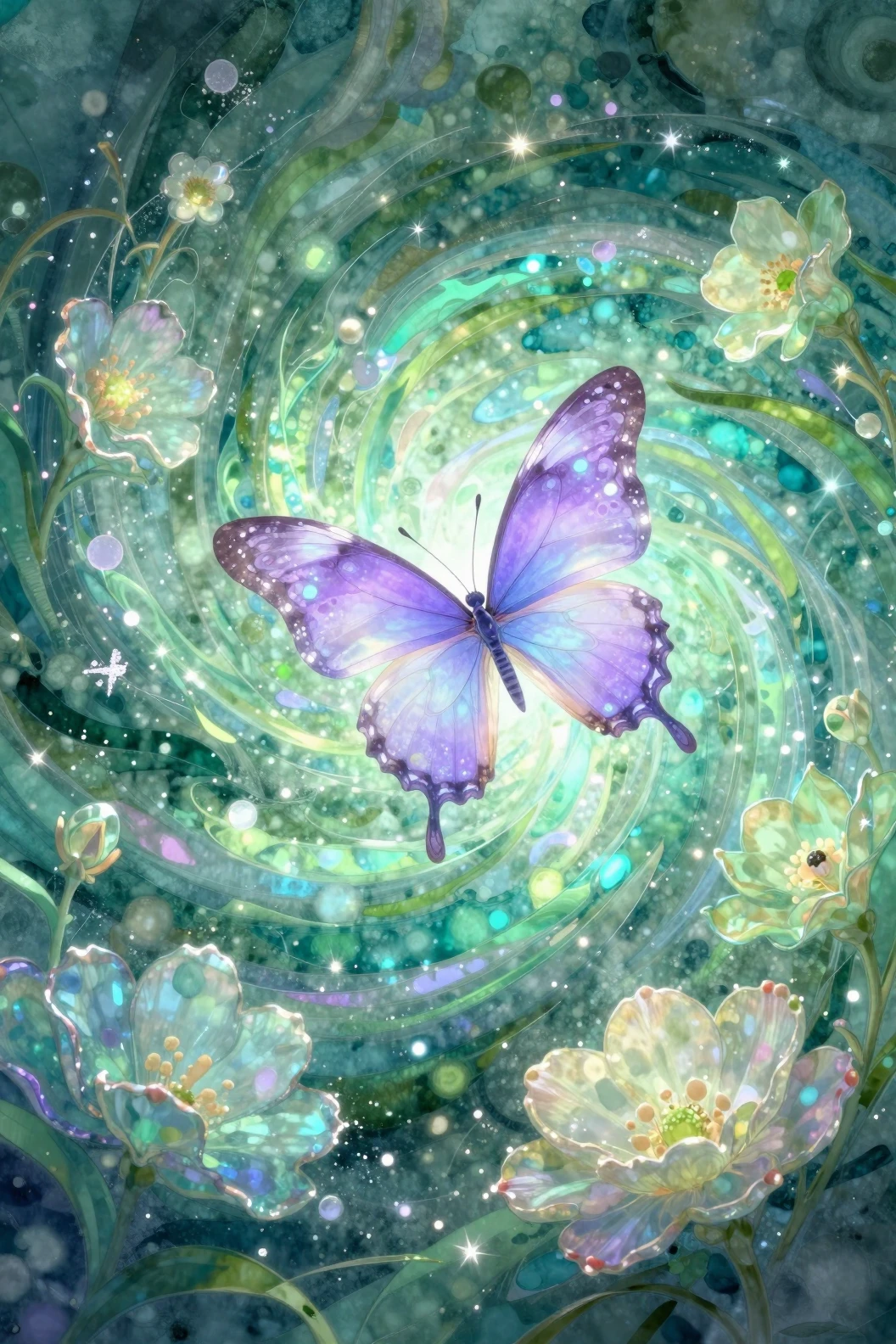 Luminescent Butterfly In A Swirling Green Magical Vortex