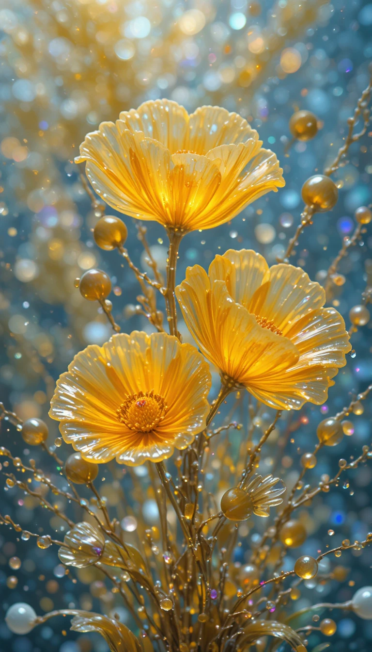 Macro bouquet of glowing yellow glass poppy flowers