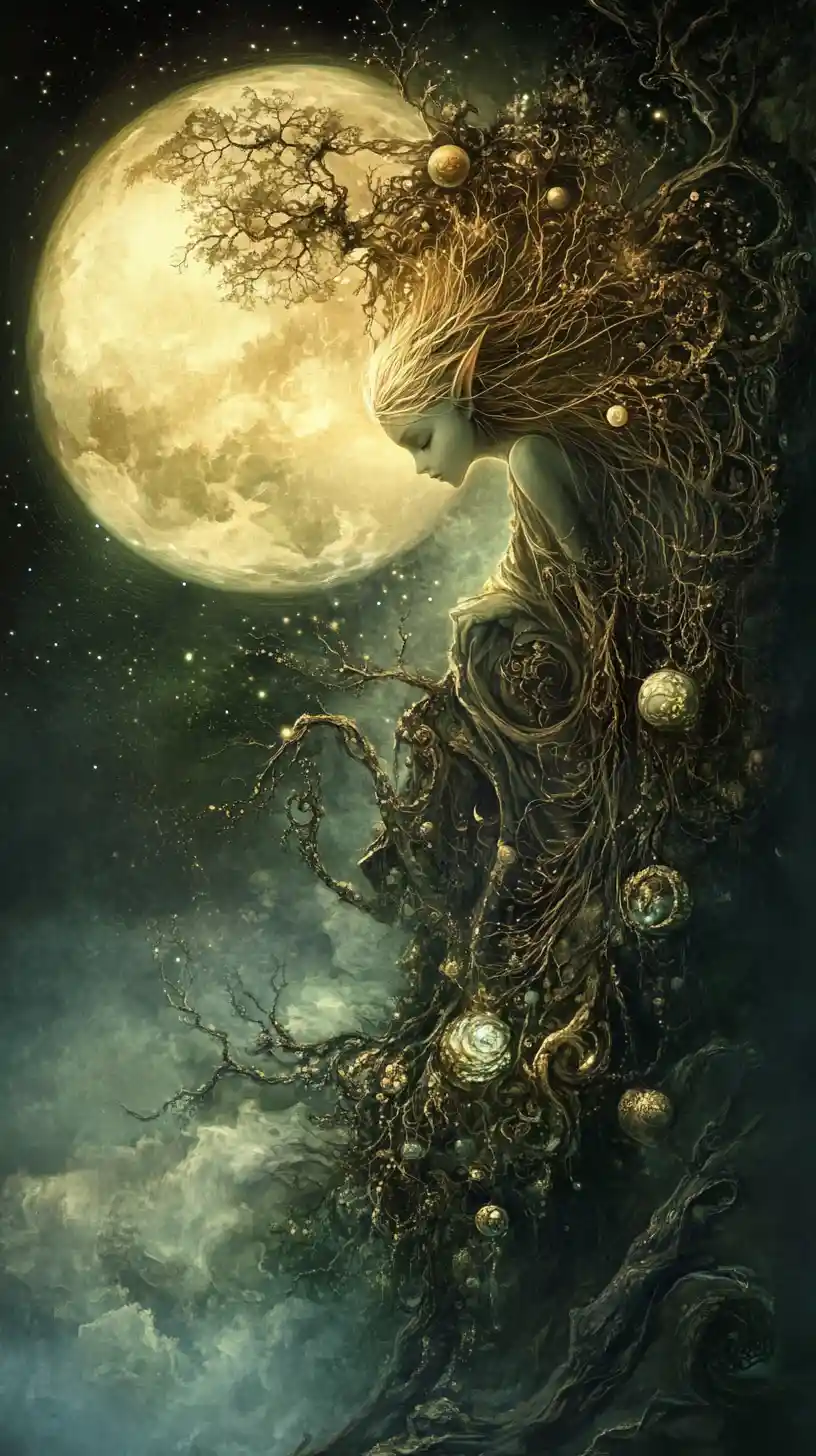 Ethereal elf woman drifting through a moonlit mystical landscape