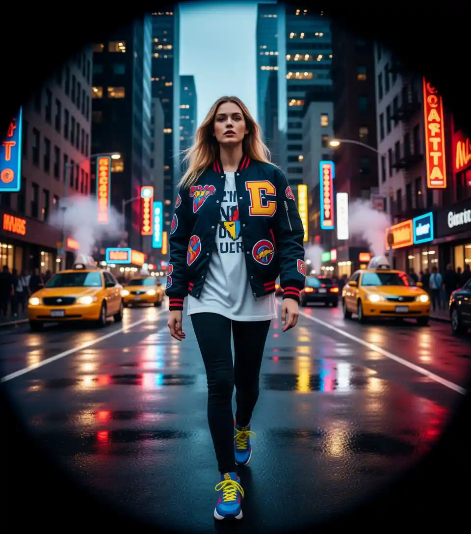 Confident young man in bold streetwear on city street