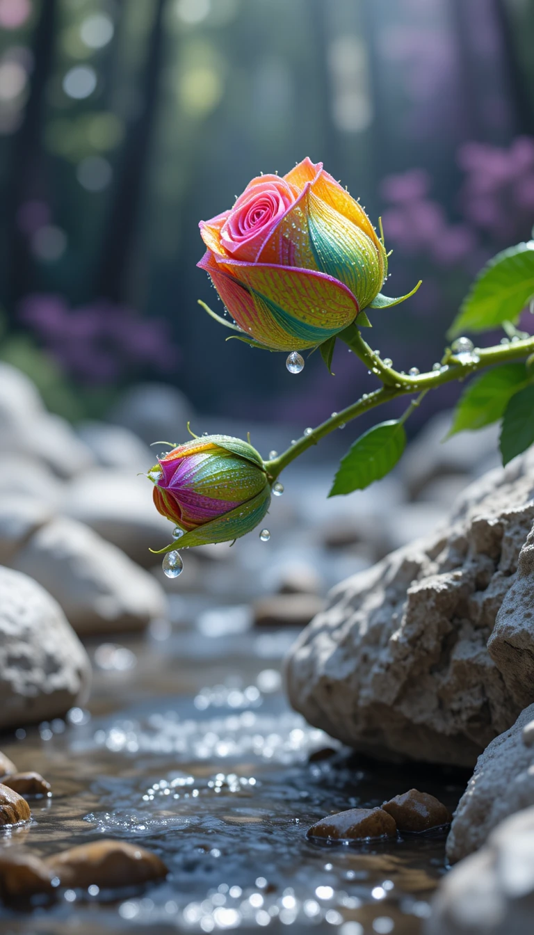 Neon rose buds over a shallow stream in forest light