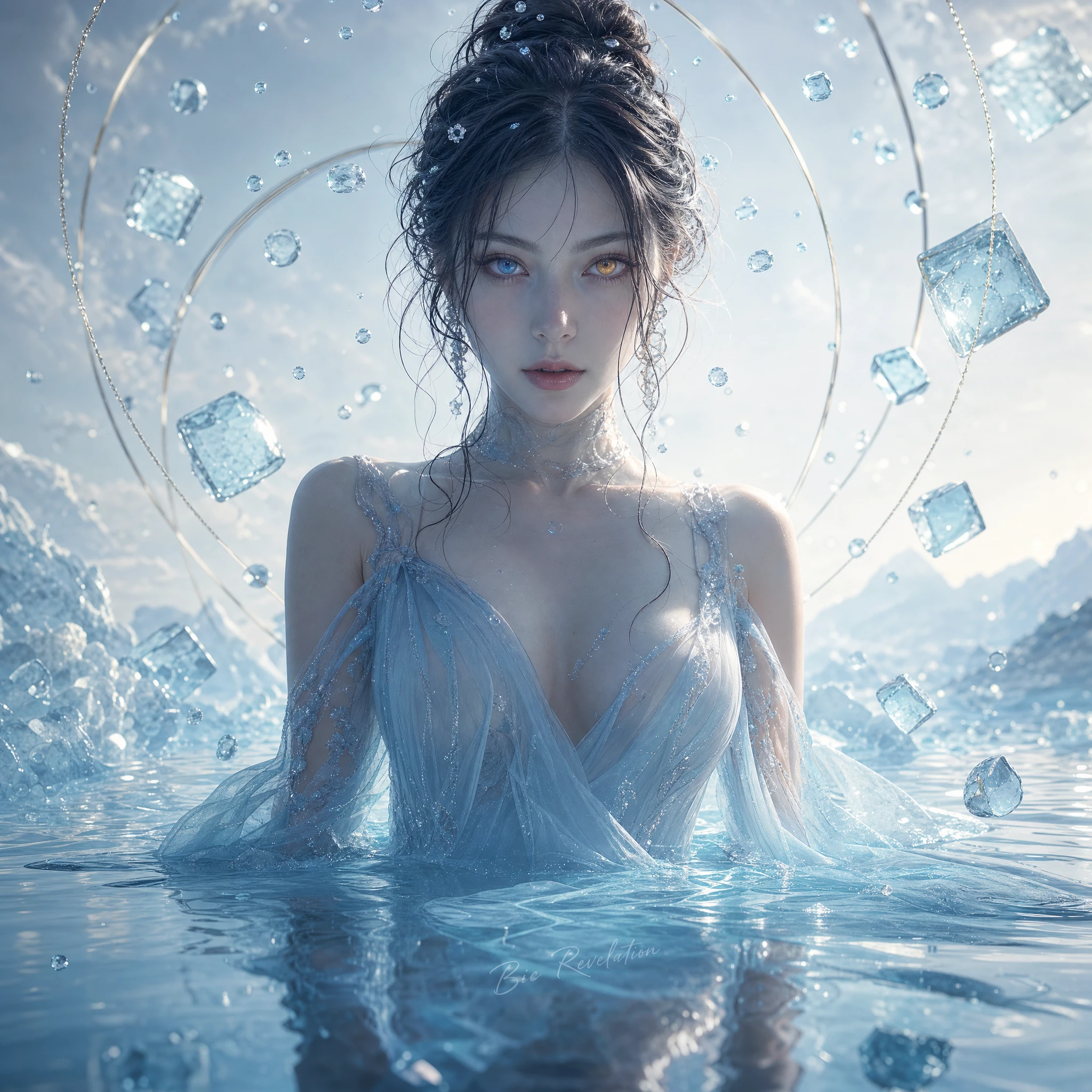 Mystical woman rising from a frozen reflective pool