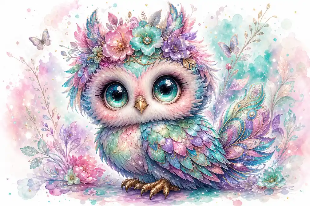 Cute chibi baby owl with sparkling pastel iridescent feathers