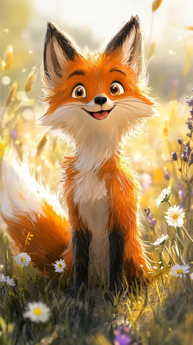 Joyful anthropomorphic fox in a flower filled meadow illustration