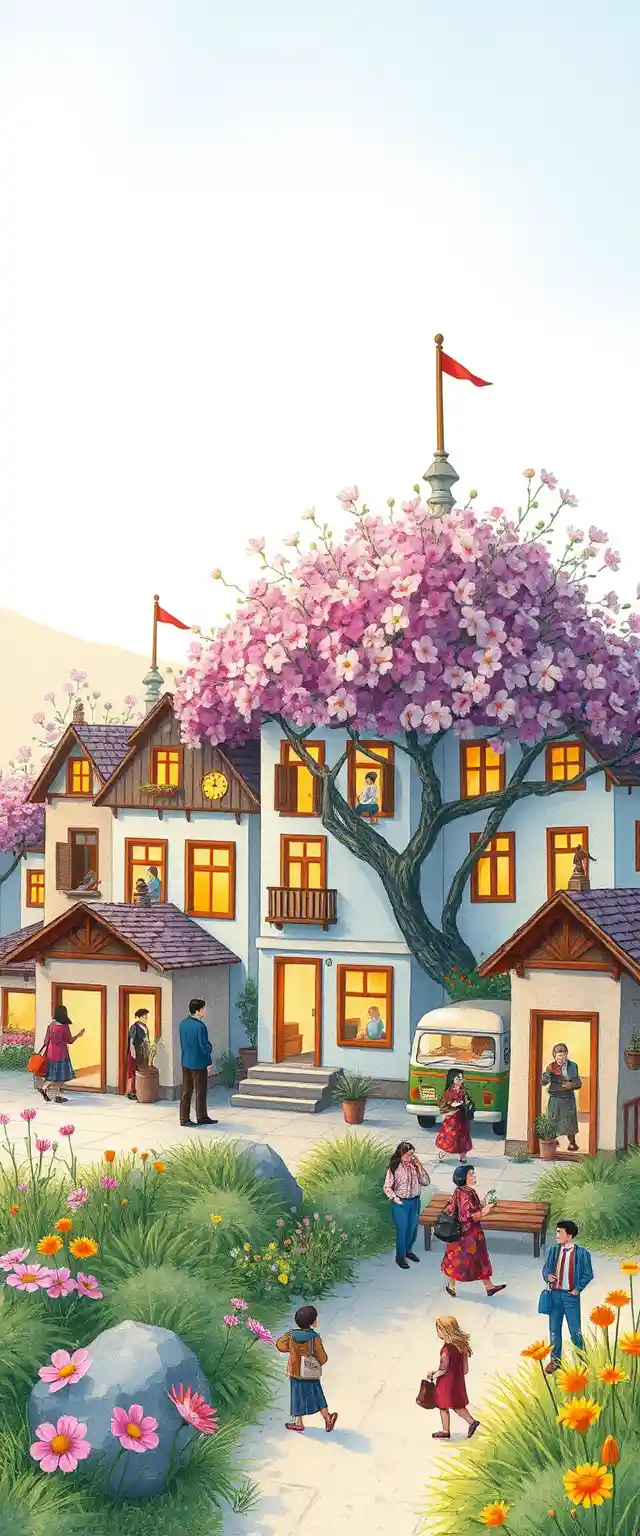 Hand drawn fantasy cat village with cozy summer mood