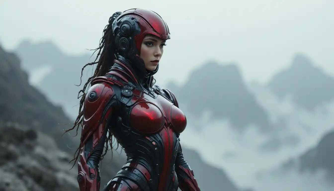 Futuristic latex armored female firefighter in heroic stance
