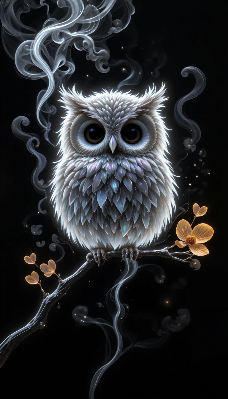 Weightless smoke owl forming in neon on black background
