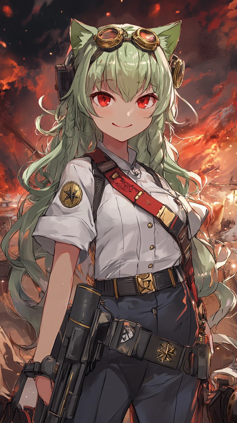 Anime cat girl aiming a rifle in a burning war zone
