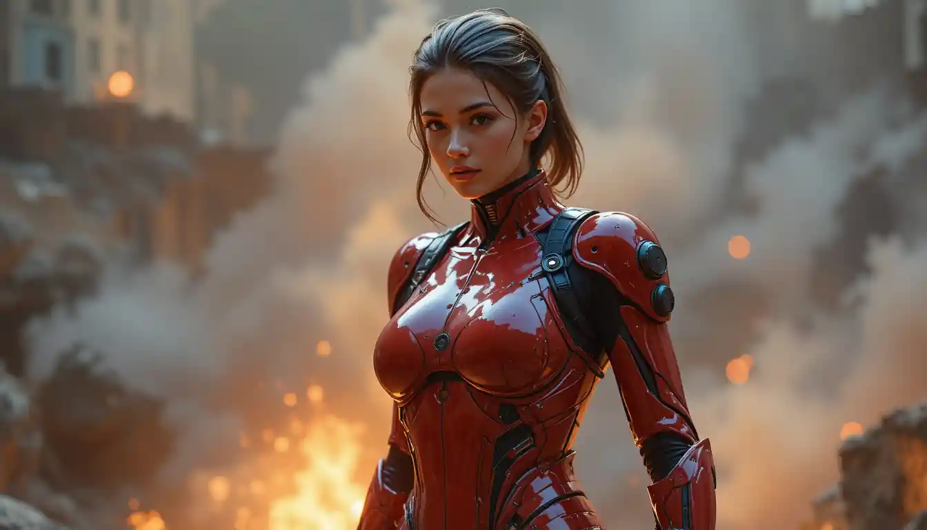 Futuristic latex armored female firefighter in heroic stance