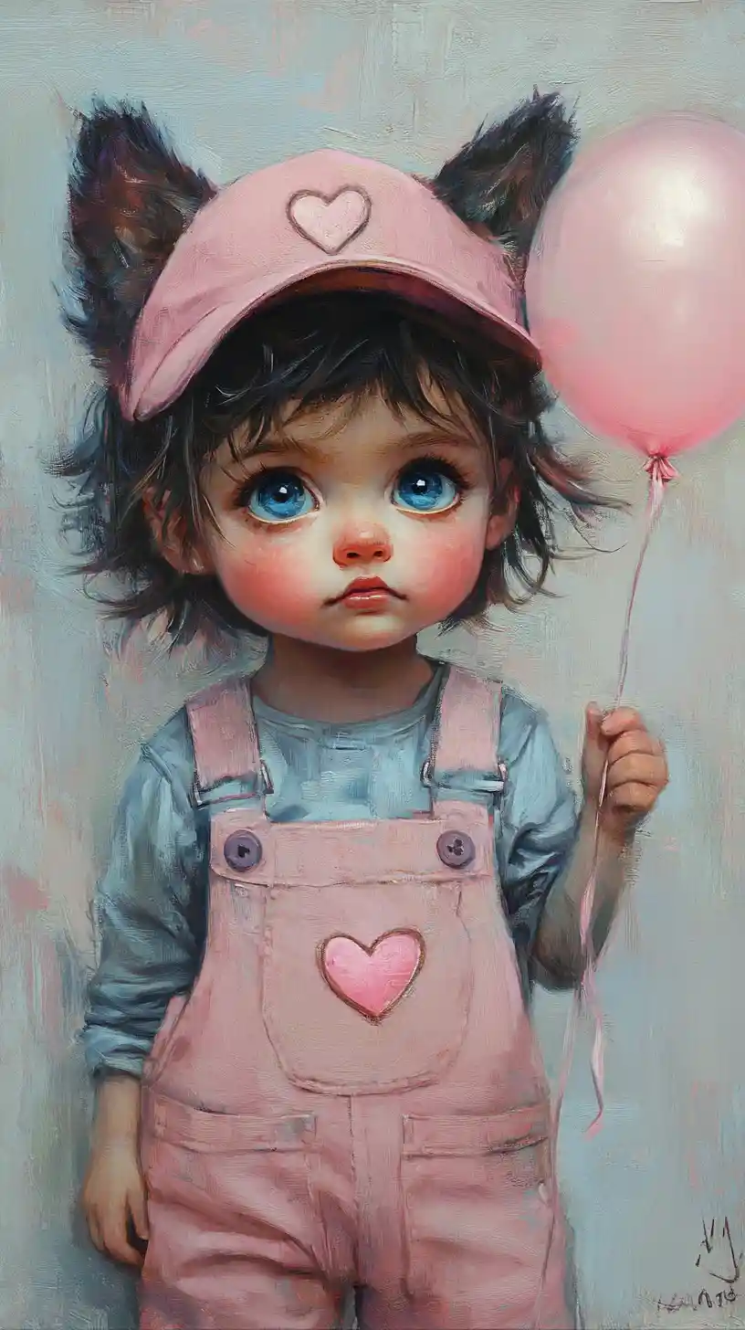 Cute wolf hybrid toddler girl holding a glowing balloon