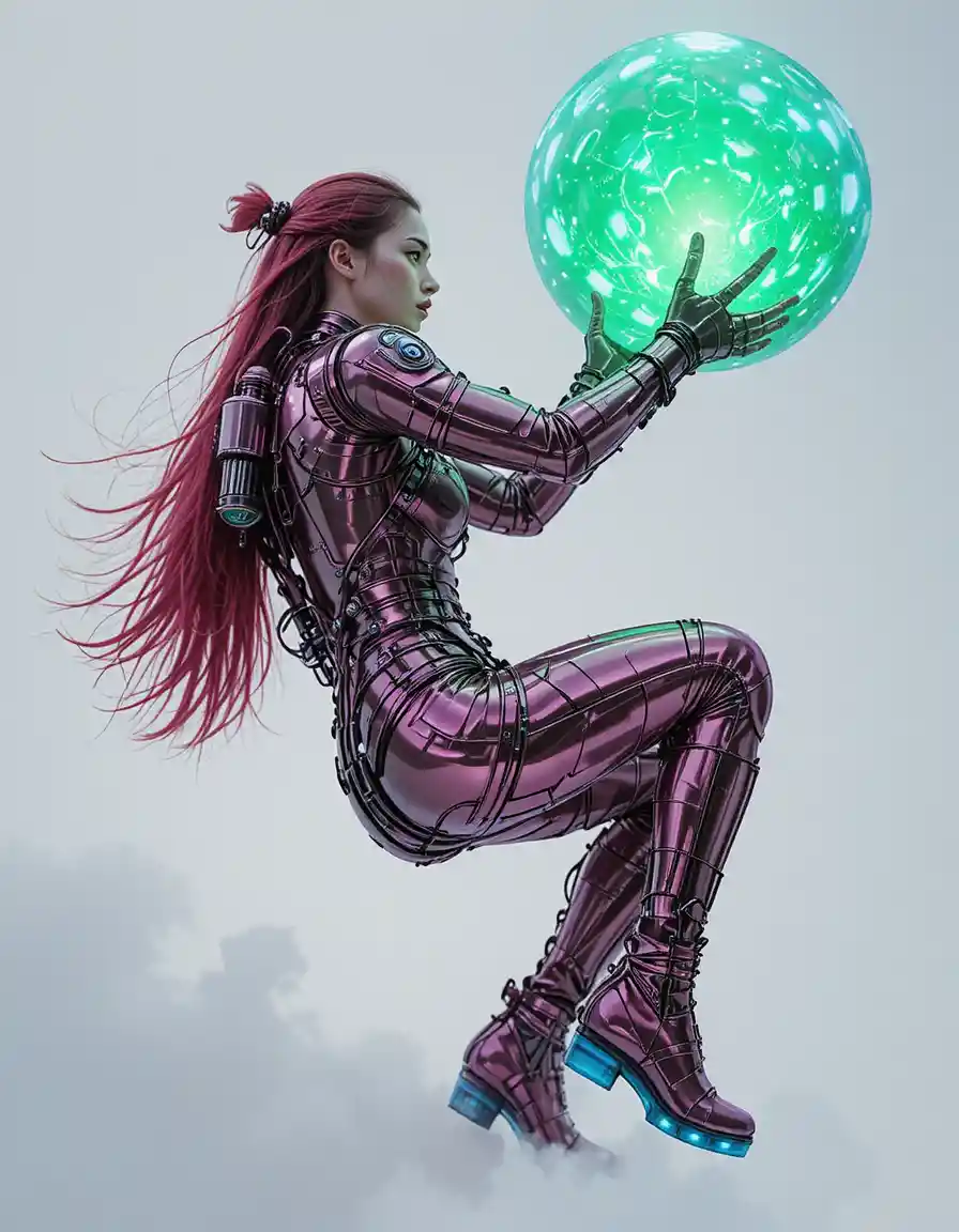 Futuristic goalkeeper flying to block a metallic soccer ball