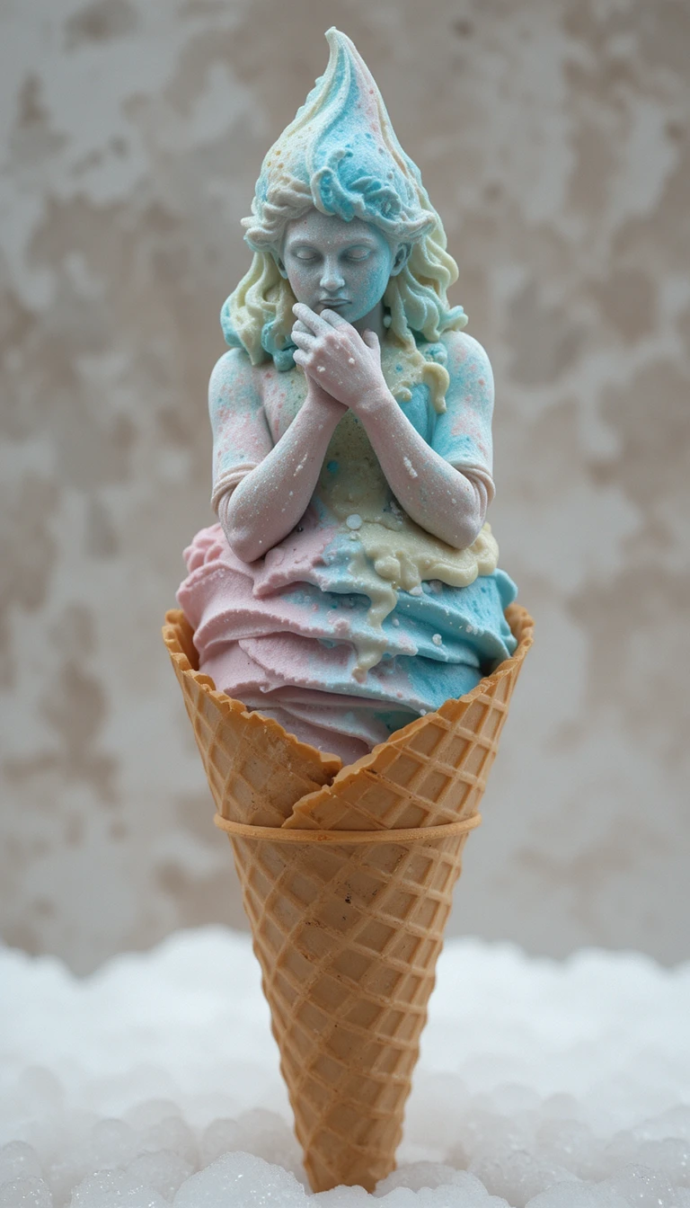 Ice cream statue posed like a thoughtful thinker in cone