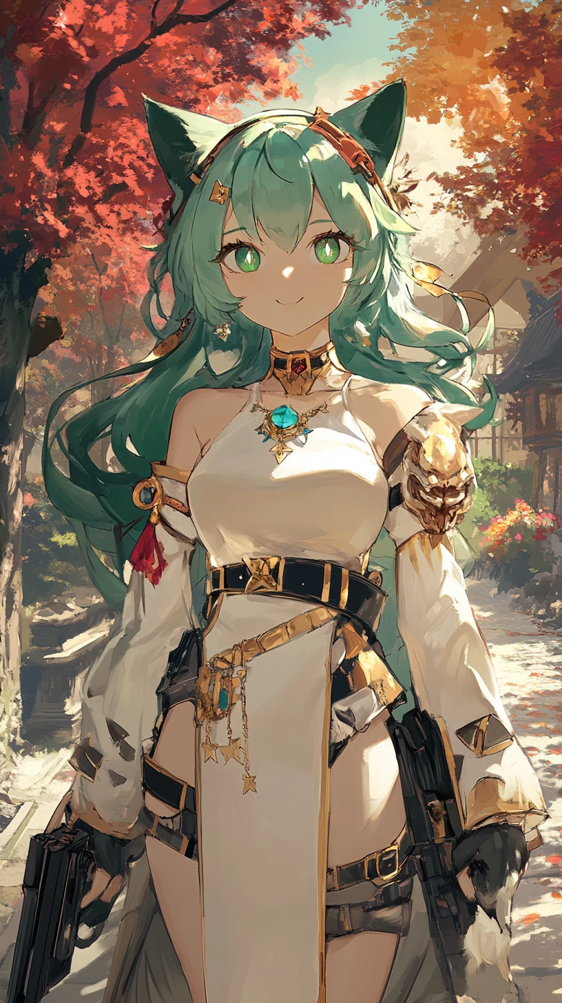 Anime girl with cat features drinking coffee in park